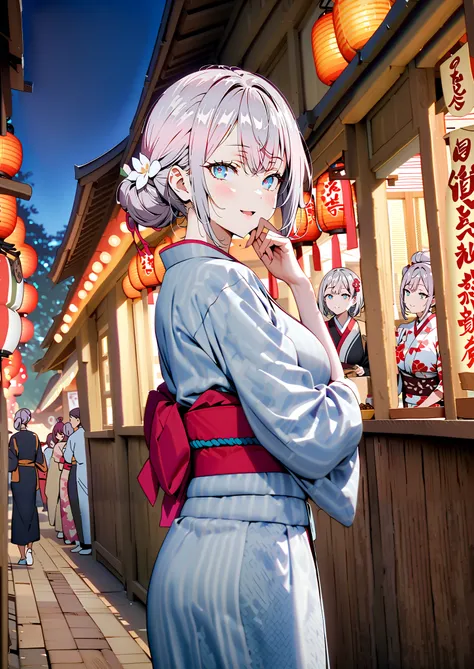 Alisa Mikhailovna Kujo, bungs, blue eyes, stupid hair, Gray Hair, side lock,bun hair,Nape,Big Breasts,Flower Hair Ornaments,White flower pattern kimono,smile,cover,opens her mouth,standing,Light up fireworks,Red Lanterns,Japanese stalls   ,night,full bodyが...