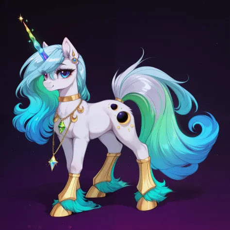 score_9, score_8_up, score_7_up, score_6_up, score_5_up, score_4_up, show accurate, full body, simple background, feral pony, female pony, mesmerizing appearance, original character, alicorn with an iridescent crystal horn, multi-toned body featuring a gra...