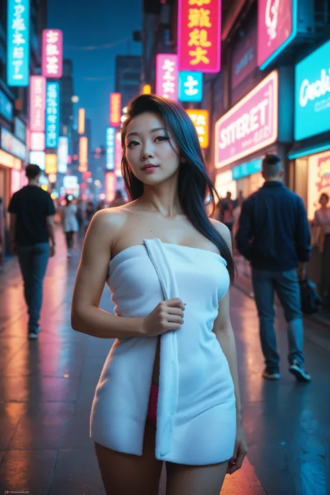 sfw:2, Asian woman on crowded cyberpunk neon street wearing towel, long hair, vibrant neon colors