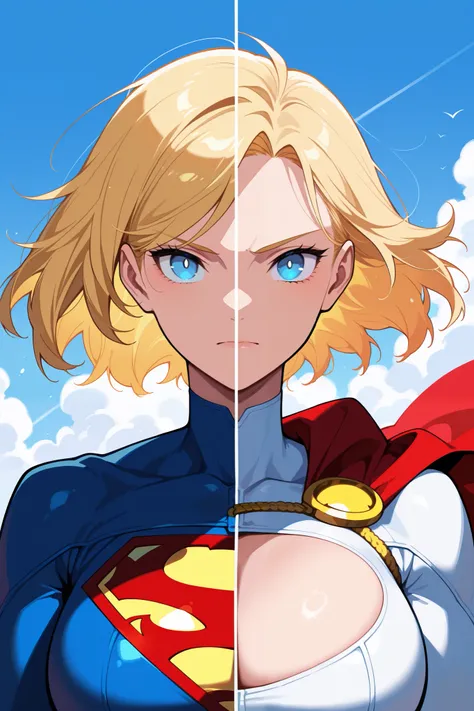 masterpiece, best quality, amazing quality, very aesthetic, newest,SplitScreen, split screen, upper body, 1girl, power girl, Supergirl,