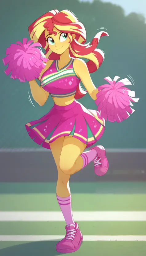 score_9, score_8_up, score_7_up BREAK sunset shimmer, human, equestria girls, g4, large breasts, holding pom poms, looking away, smile, motion lines, cheerleader, pink skirt, pink socks, pink footwear, full body view, outdoor, solo