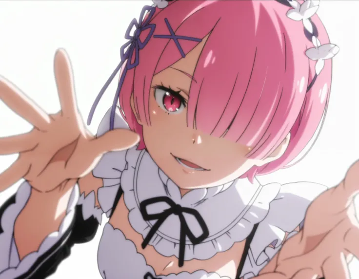 (anime screencap, anime coloring:1.3), masterpiece,r4m, ram (re:zero), short hair, pink hair, hair over one eye, pink eyes, maid headdress, x hair ornament, roswaal mansion maid uniform, detached sleeves,  open hands, reaching, fisheye, white background, f...
