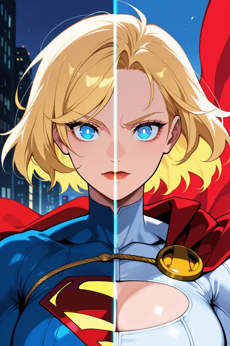 masterpiece, best quality, amazing quality, very aesthetic, newest,SplitScreen, split screen, upper body, 1girl, power girl, Supergirl, metropolis