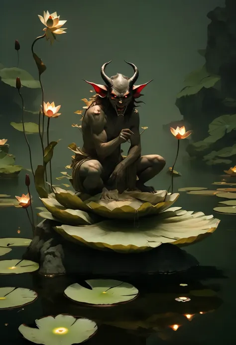 A demon posing on a water lily looking at a man on a rock