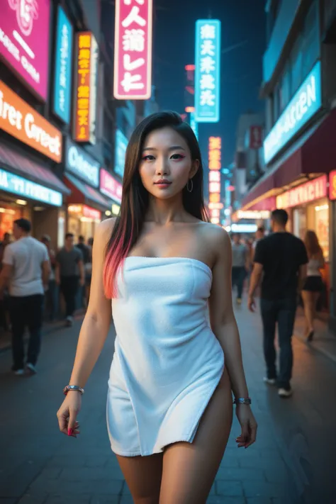 sfw:2, Asian woman on crowded cyberpunk neon street wearing towel, long hair, vibrant neon colors