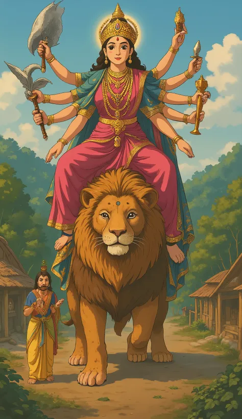 Ma durga with 10 hands wearing deep pink banarasi saree, crown, ornaments, riding a lion, coming with Lord Shiva to help village people