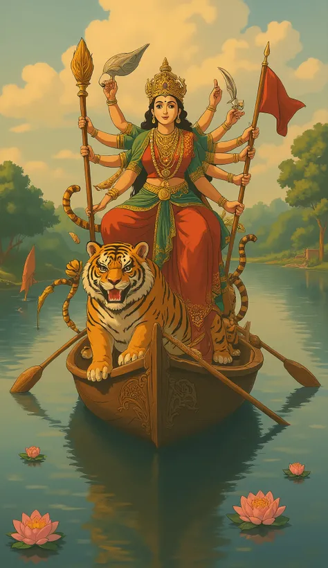 Hindu God Ma Durga on Boat