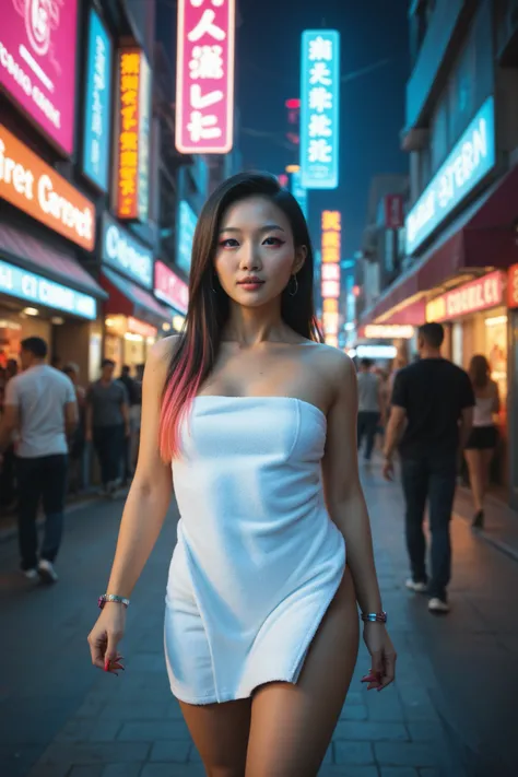 sfw:2, Asian woman on crowded cyberpunk neon street wearing towel, long hair, vibrant neon colors