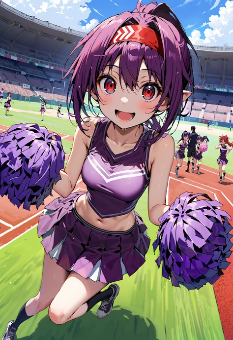 score_9, score_8_up, score_7_up, source_anime,
yuukikonno, yuuki konno, red headband, long hair, pointed ears, purple hair, Red Eyes,ponytail,smile,cover,opens her mouth,(Cheerleading), (full body), on chest, (sweated), sweated Wet Clothes, ( purple cloth...