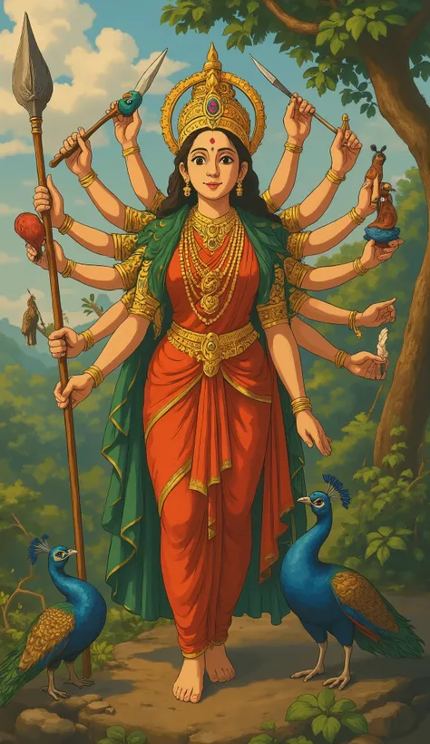 Photorealistic portrait of six headed twelve armed durga ma god holding the vel spear and other various weapons in hands,wearing various golden juwalaris,standing near peacock,in a beautiful natural background,straight looking front view,high resolution