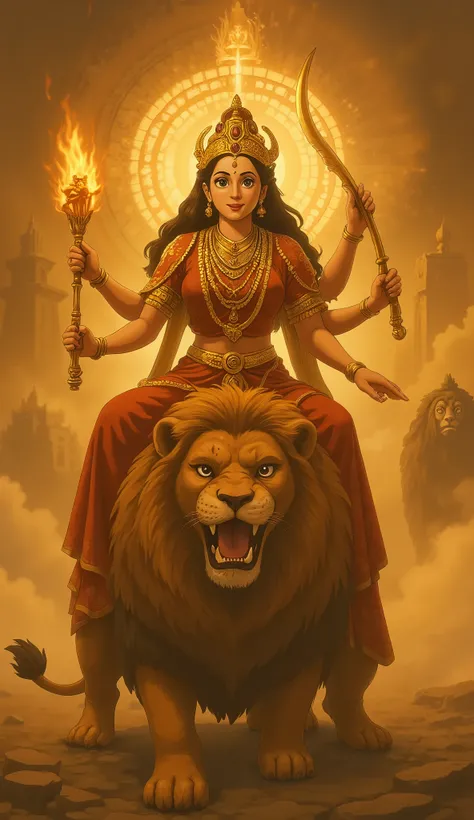 Photorealistic digital art of Durga Mata sitting majestically on a fierce, regal lion, in a cinematic fantasy scene. She radiates divine power and grace, with multiple arms holding glowing celestial weapons. The lion beneath her exudes strength and loyalty...