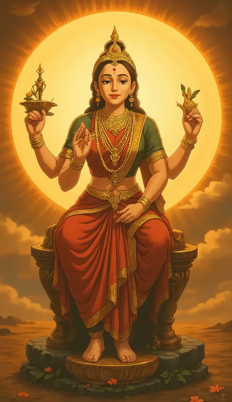 Four hand shree Gayatri Devi Ma sitting on a throne of radiant sun