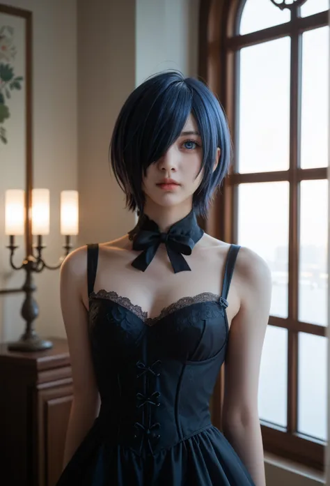 Kirishima Touka , Tokyo ghoul > "Hyper-realistic gothic girl, short dark blue hair covering one eye, deep blue eye, perfect skin , wearing a detailed red and black corset dress with lace and ribbon details, dark fantasy atmosphere, cinematic lighting, ult...