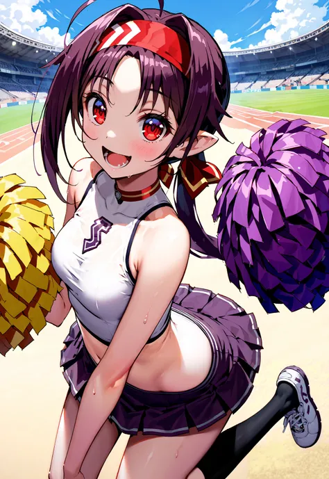 score_9, score_8_up, score_7_up, source_anime,
yuukikonno, yuuki konno, red headband, long hair, pointed ears, purple hair, Red Eyes,ponytail,smile,cover,opens her mouth,(Cheerleading), (full body), on chest, (sweated), sweated Wet Clothes, ( purple cloth...