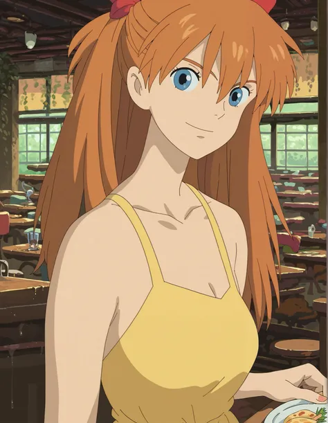 ghibli_style, score_9, score_8_up, bust, human, Asuka Langley, single female, 1 girl, female, looking at you, medium breasts, confident, yellow sundress, inside a restaurant, smiling