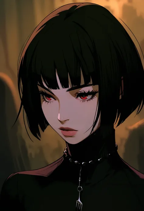 GTHAN, 1 Girl, alone,  short hair, dark hair, Jewelry, watching the audience,  necklace, fork, portrait,  bangs,  red eyes, Shut up,  Turtleneck ,  blurry background, fork  necklace, Lips, puncture,  blurry,  bob cut, eyelash