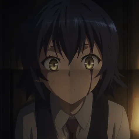 anime screenshot, Anime coloring,  , no expression on the face,  Dark ,  Dark  blue theme, Warm light, Set, tie, facial focus, 