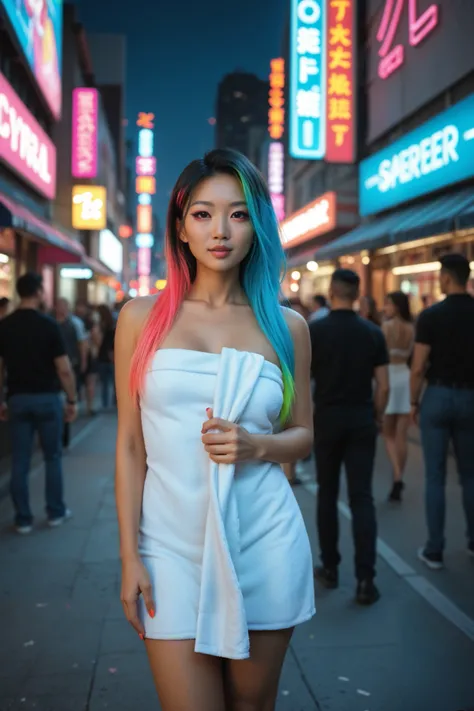 sfw:2, Asian woman on crowded cyberpunk neon street wearing towel, long hair with neon highlights, vibrant neon colors