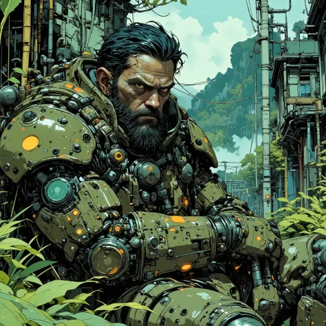 a powerful middle-aged special forces man, in a cool black broken military armor, struck by a mysterious force, pinned to the ground, torture,pose,wet black hair, short black beard, suspicious gestures, looks at the gloomy heavy sky, tired dirty and wet fa...
