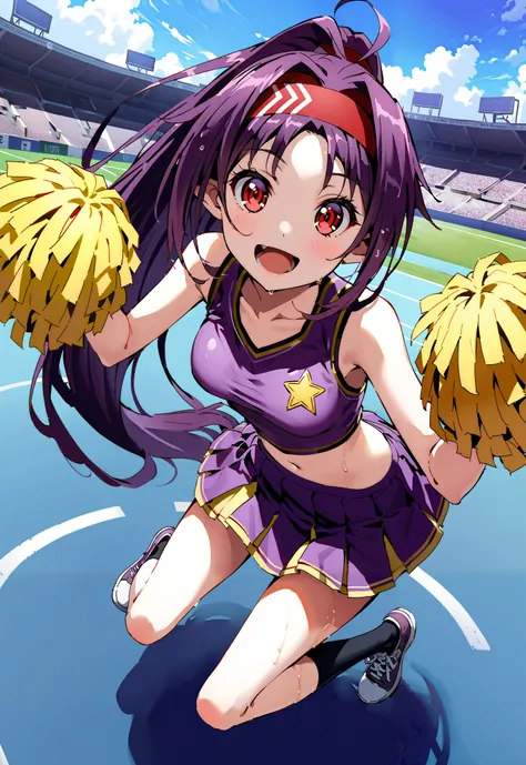 score_9, score_8_up, score_7_up, source_anime,
yuukikonno, yuuki konno, red headband, long hair, pointed ears, purple hair, Red Eyes,ponytail,smile,cover,opens her mouth,(Cheerleading), (full body), on chest, (sweated), sweated Wet Clothes, ( purple cloth...