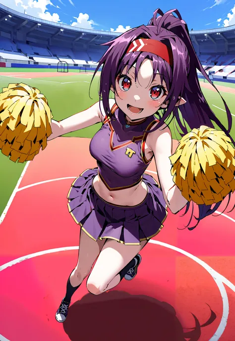 score_9, score_8_up, score_7_up, source_anime,
yuukikonno, yuuki konno, red headband, long hair, pointed ears, purple hair, Red Eyes,ponytail,smile,cover,opens her mouth,(Cheerleading), (full body), on chest, (sweated), sweated Wet Clothes, ( purple cloth...