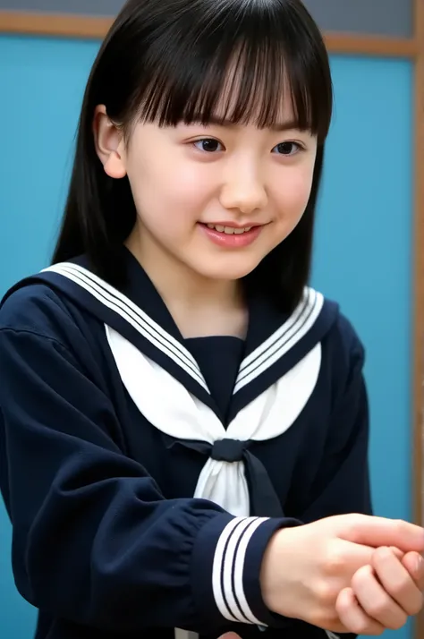 smiliy, long hair, ((black hair:1.3)), Elementary school student, wearing sailor suit, dark blue, long sleeve, upper body, small eyes, make up, ((looking away:1.3))
