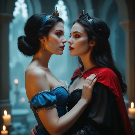close shot of the sexy Evil queen and the sexy Snow White, standing close to each other, looking at camera