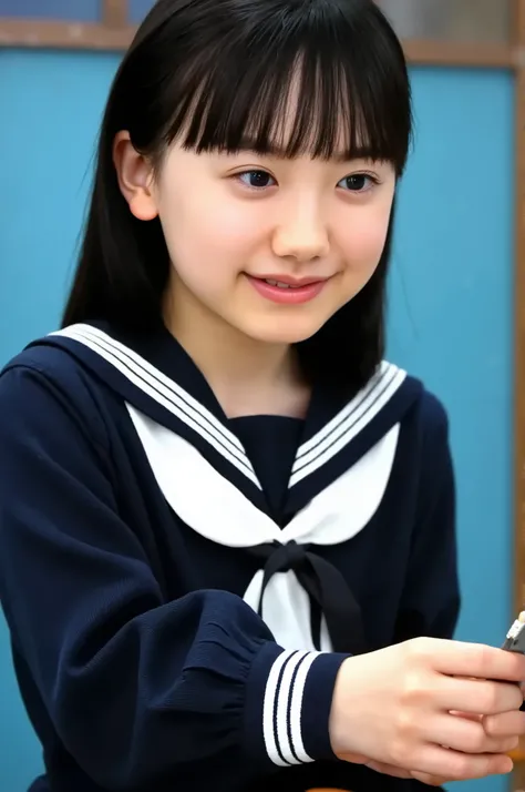 smiliy, long hair, ((black hair:1.3)), Elementary school student, wearing sailor suit, dark blue, long sleeve, upper body, small eyes, make up, ((looking away:1.3))