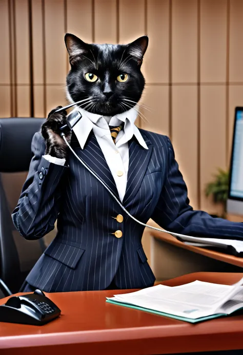 A cat working hard at a securities firm, anthropomorphized, female cat, wearing a business suit, making a phone call to buy and sell stocks, with a stock price board behind her