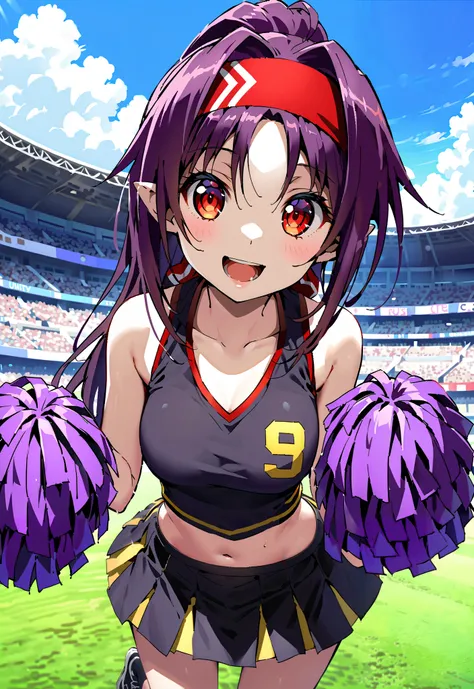 score_9, score_8_up, score_7_up, source_anime,
yuukikonno, yuuki konno, red headband, long hair, pointed ears, purple hair, Red Eyes,ponytail,smile,cover,opens her mouth,(Cheerleading), (full body), on chest, (sweated), sweated Wet Clothes, ( purple cloth...