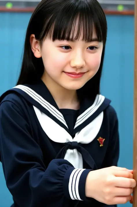 smiliy, long hair, ((black hair:1.3)), Elementary school student, wearing sailor suit, dark blue, long sleeve, upper body, small eyes, make up, ((looking away:1.3))