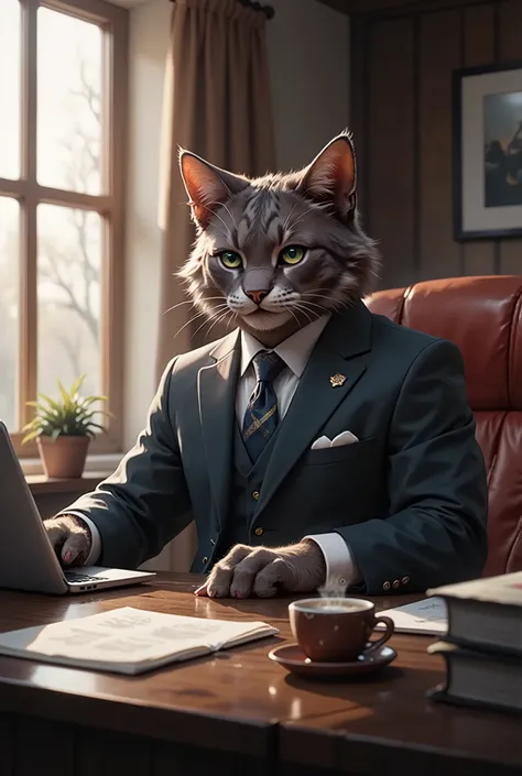(Highest quality , 4k , 8k , high resolution , Masterpiece: 1 . 2) , ultra-detailed (realistic , photorealistic , photorealistic: 1 . 37) ,A sophisticated anthropomorphic office cat dressed in an elegant business suit, sitting confidently at a sleek modern...