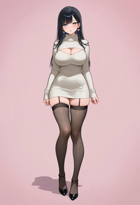  beauty　sexy　glamour　Sexy pose　lure　disgusting expression　narrows his eyes　full body　ripping stockings 　knees in the sky　knitted dress