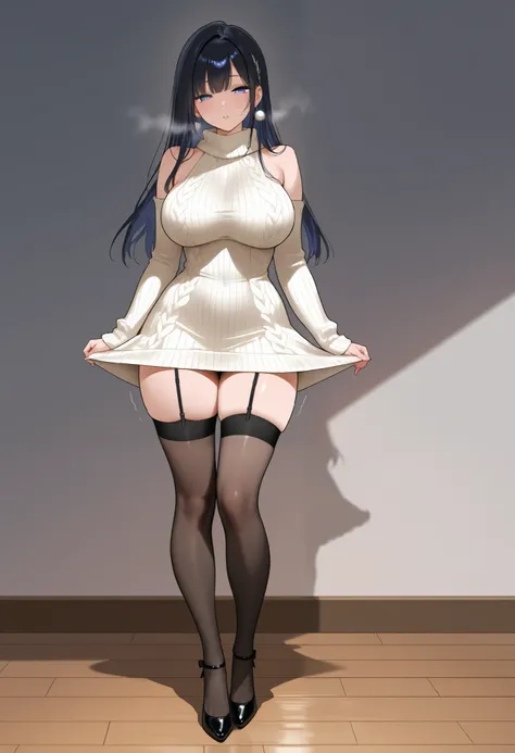  beauty　sexy　glamour　Sexy pose　lure　disgusting expression　narrows his eyes　full body　ripping stockings 　knees in the sky　knitted dress