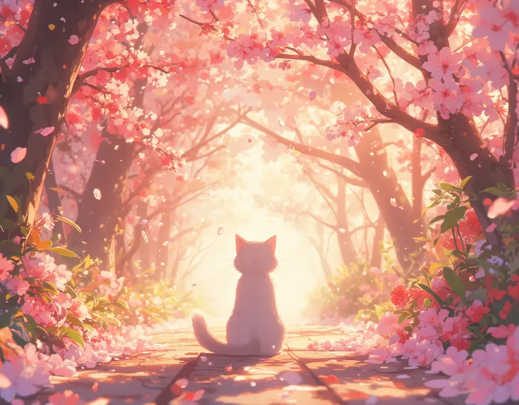 Running through the cherry blossom tunnel anime-style illustration,Soft golden sunlight shines through pink petals and cast a warm glow on the road,A gentle breeze blows and countless cherry blossom blizzards dance fantastically,Cute Cat,back view,Strollin...