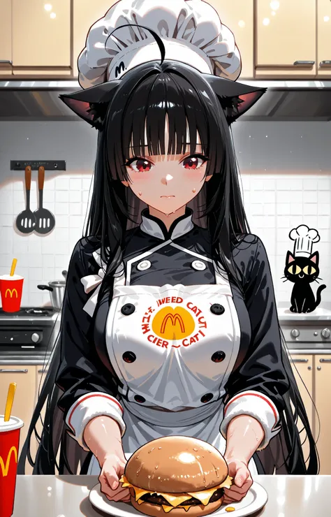 cat: kitchen, wool wet with sweat and grease helps. cat asa pescado, for McDonald's. chef's hat to a cat, I wore a.
sexy girl help ((cat girl, cat black ears)), (red eyes), (long hair), (( black hair, (Ahoge), straight bangs,)),, caress the cook cat