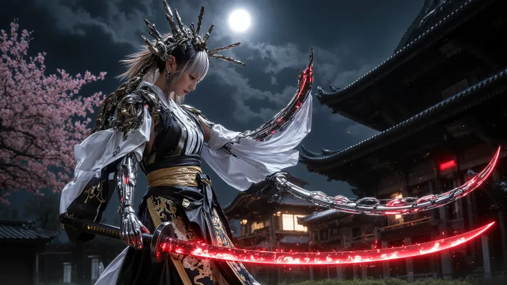 (Grand Prix winning combat movie scene)、(masterpiece)、 moonlight 、 excited 、((Full body illustration 1 .5))、((Figure pulling out a sword ))、 wide full shot 、 photorealistic, 高精細CG, best image quality, 8k, HQ, is extremely fine, ( I have a red thunder sw...