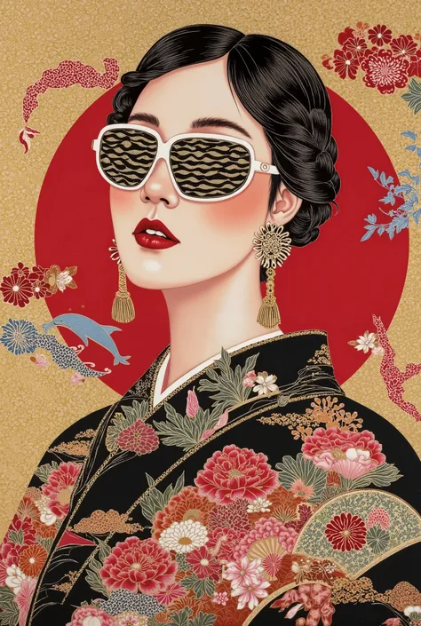 (masterpiece, top quality:1.2) female、sunglasses、wearing a kimono、 Gold、 two-block hairstyle 、Kimono pattern(Ocean Theme、Dolphin、Jellyfish、水着をきてシュノーケリングをするfemale）