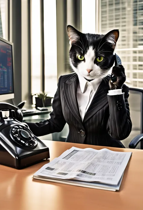 A cat working hard at a securities firm, anthropomorphized, female cat, wearing a business suit, making a phone call to buy and sell stocks, with a stock price board behind her