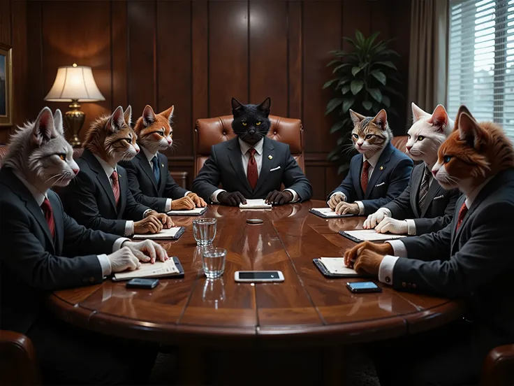 "A group of sophisticated anthropomorphic business cats sitting around a polished mahogany conference table in a high-end corporate office. They are dressed in elegant business suits and ties, with serious and professional expressions, as if engaged in an ...