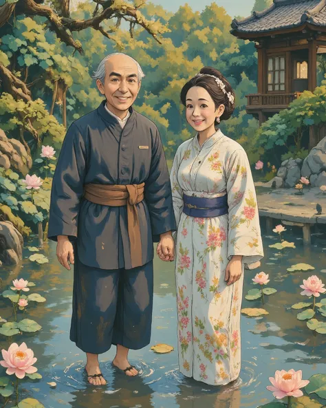 An elderly couple, full of joy and love, enjoying a peaceful moment in a serene lotus-filled pond. The old man, wearing a traditional dark robe, gently holds the hand of his wife, who wears a light-colored floral kimono. Both are smiling brightly, their fa...