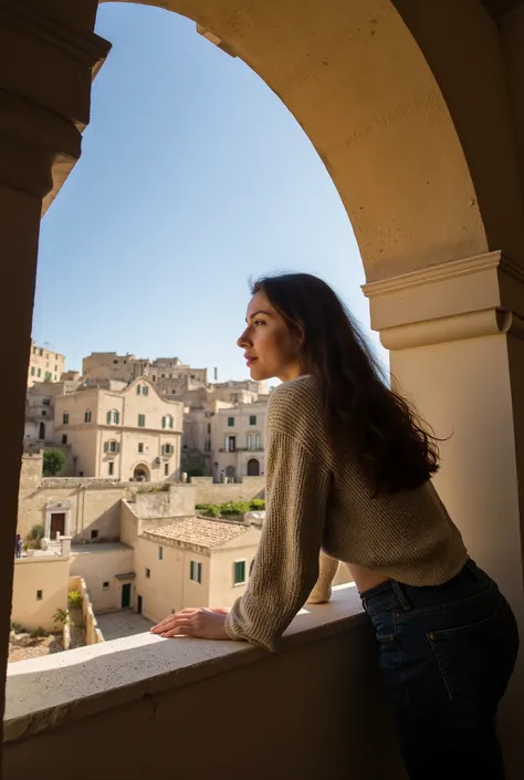Photo from indoor. extreme low angle view of a window in a house in Sassi di Matera. A woman looking out the window. Elbows on the windowsill, view from behind, long dark brown hair, a beige cotton sweater, she wears jeans. She sighs wistfully. The shot fr...