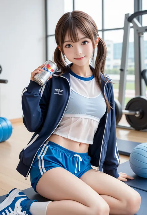 An amazingly cute Japanese girl is posing in her school gym uniform and bloomer 、 (Wearing Japanese gym clothes in the school gym), (Navy Blue Bloomer)、 、 Gravure idol with realistic young face , young slim and amazingly cute gravure idol , (twin tails) 、 ...