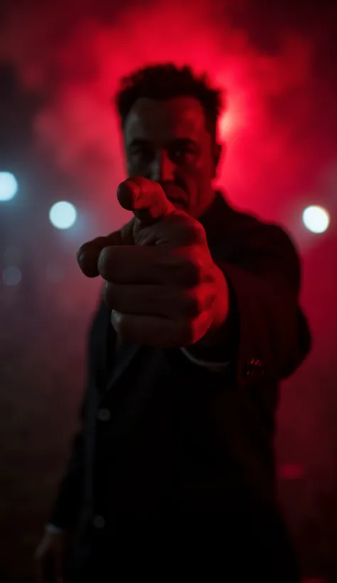 Telephoto,The center of the picture is a huge hand,Extend a finger,point at viewer , look at viewer,The background is a blurry person,Sinister expression,black background,with a red light shining,Illuminated the smoke and dust,ultra-realistic style,realist...