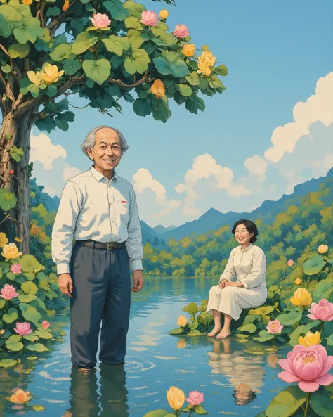 An elderly couple in a peaceful, sunlit countryside setting. The old man is standing knee-deep in a serene lotus pond, smiling warmly, while the old woman sits nearby on the grassy bank under a large, shady tree, laughing joyfully. Bright yellow and pink l...