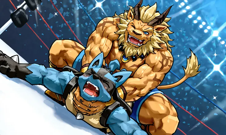 large leomon wrestler, small lucario, wrestling match, camel clutch, [leomon wrestler:squatting on back, from behind, strangling, heavy weight bulky massive, muscular strong body, thick arms, evil smile, open mouth, black wrestling spats], [lucario:small b...