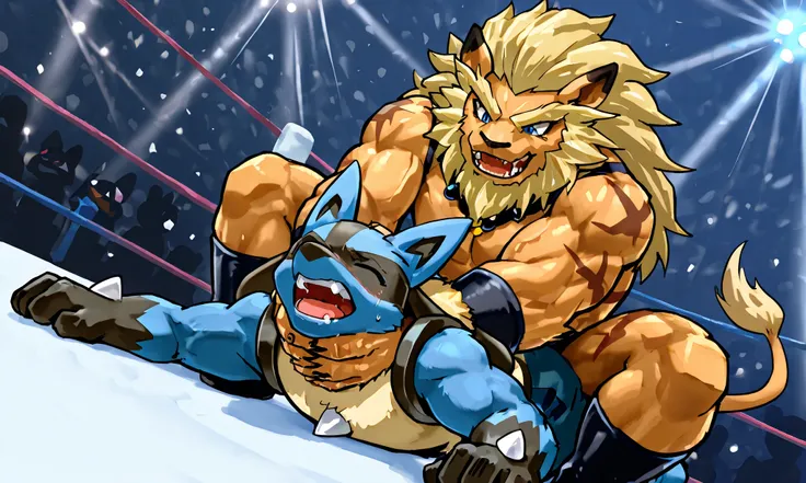 large leomon wrestler, small lucario, wrestling match, camel clutch, [leomon wrestler:squatting on back, from behind, strangling, heavy weight bulky massive, muscular strong body, thick arms, evil smile, open mouth, black wrestling spats], [lucario:small b...