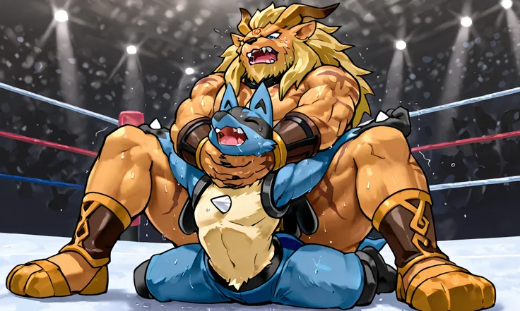 giant leomon, small lucario, wrestling match, camel clutch, [leomon:squatting on back, choking from behind, strangling, heavy weight bulky massive, muscular strong body, thick arms, sweaty], [lucario:on stomach, arched back, open arms wide, small build, cl...