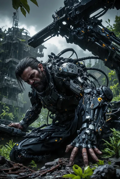 a powerful middle-aged special forces man, in a cool black broken military armor, struck by a mysterious force, pinned to the ground, torture,pose,wet black hair, short black beard, suspicious gestures, looks at the gloomy heavy sky, tired dirty and wet fa...