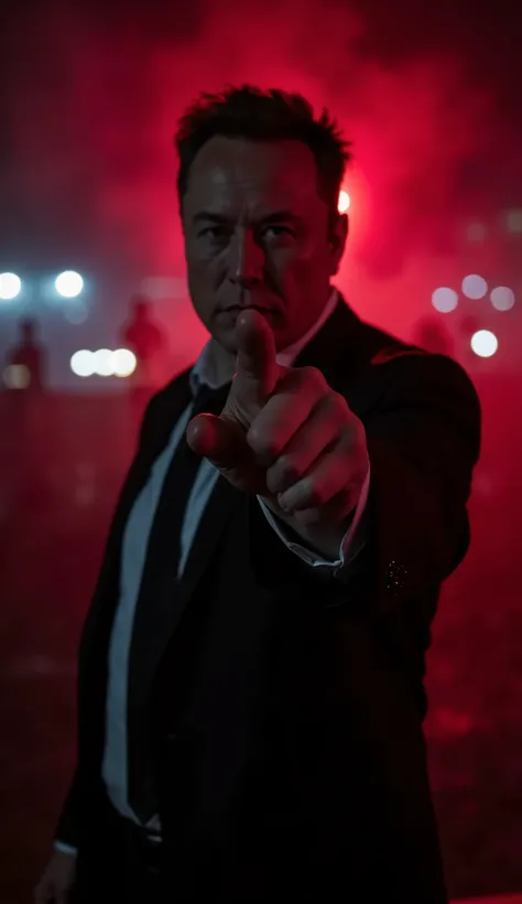 Telephoto,The center of the picture is a huge hand,Extend a finger,point at viewer , look at viewer,The background is a blurry person,Sinister expression,black background,with a red light shining,Illuminated the smoke and dust,ultra-realistic style,realist...